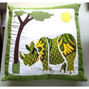 THROW PILLOW-Sasik-Zanzibar-Hand Made-Green Yellow-Rhinoceros-Applique-19"x19"